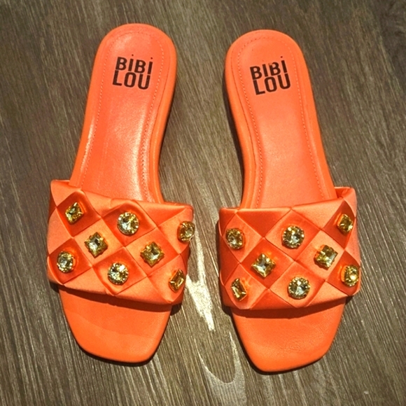 BIBI LOU x Anthropologie satin woven embellished Square toe Orange Sandals - Picture 11 of 16